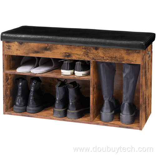 wooden shoe bench with cushion and drawers